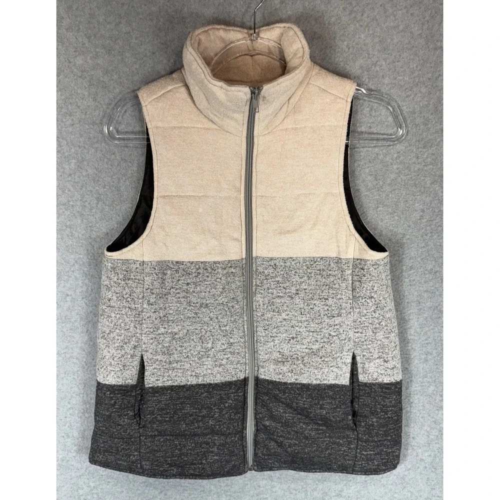 Staccato Vest Womens Small Beige Gray Black Colorblock Puffer Zip Up Sleeveless